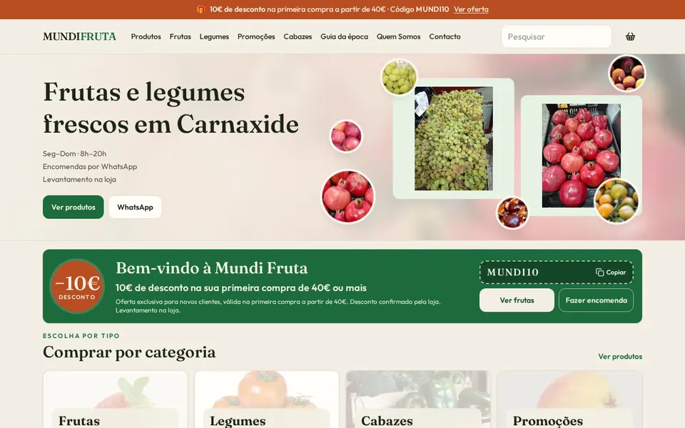 Página inicial do site mundifruta.com — frutas e legumes frescos em Carnaxide